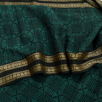 Indian Vintage Saree Black & Green Printed Pure Cotton Sari Fabric Soft Floral 5Yd Sarong Wrap Boho Fabric Kimono
