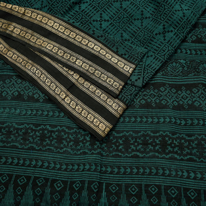 Indian Vintage Saree Black & Green Printed Pure Cotton Sari Fabric Soft Floral 5Yd Sarong Wrap Boho Fabric Kimono