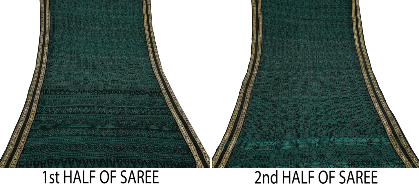 Indian Vintage Saree Black & Green Printed Pure Cotton Sari Fabric Soft Floral 5Yd Sarong Wrap Boho Fabric Kimono