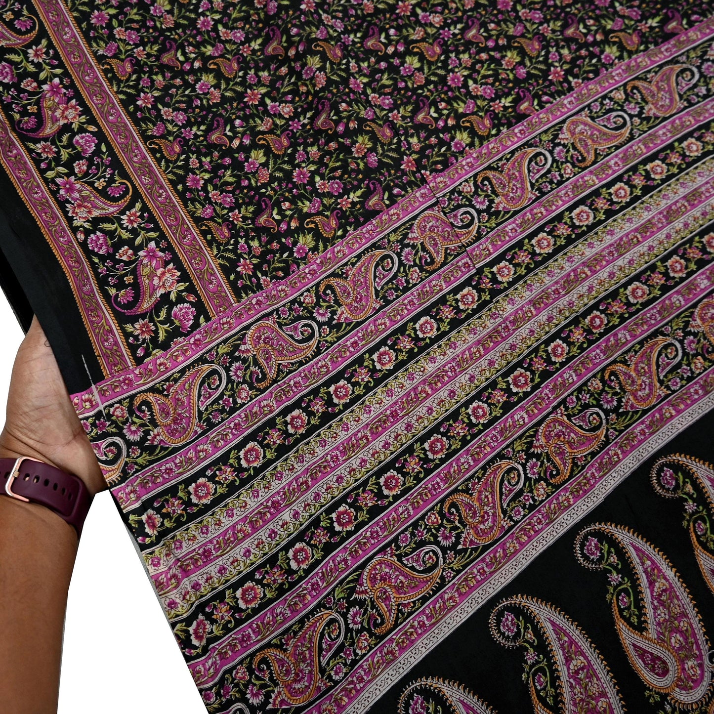 Indian Vintage Black Saree Printed Pure Cotton Sari Craft Fabric 5Yd Sewing Sarong Wrap Boho Floral Quilting Crafting Dress Making