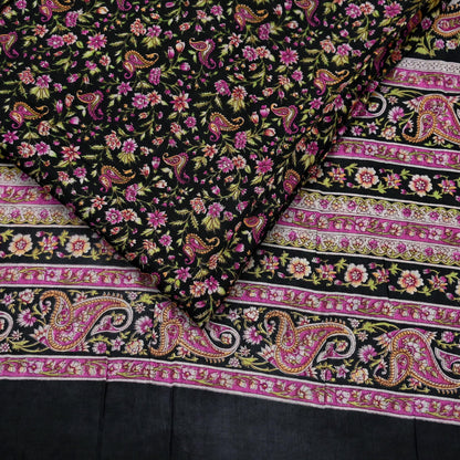 Indian Vintage Black Saree Printed Pure Cotton Sari Craft Fabric 5Yd Sewing Sarong Wrap Boho Floral Quilting Crafting Dress Making