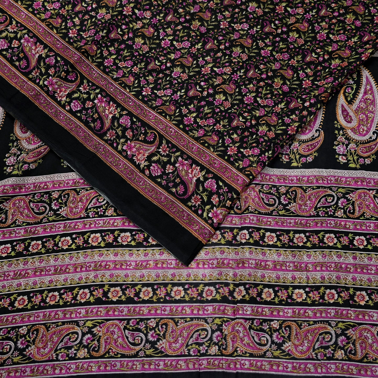 Indian Vintage Black Saree Printed Pure Cotton Sari Craft Fabric 5Yd Sewing Sarong Wrap Boho Floral Quilting Crafting Dress Making