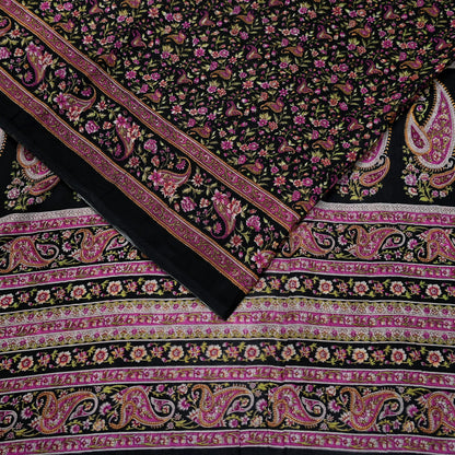 Indian Vintage Black Saree Printed Pure Cotton Sari Craft Fabric 5Yd Sewing Sarong Wrap Boho Floral Quilting Crafting Dress Making