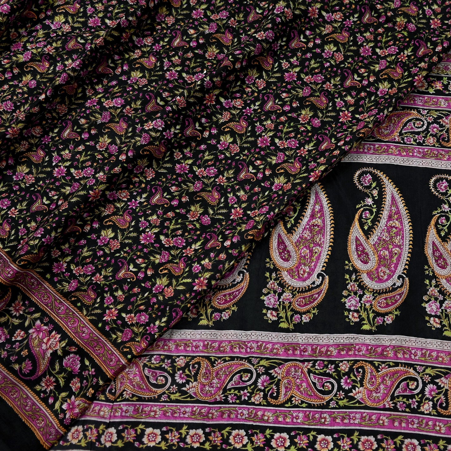 Indian Vintage Black Saree Printed Pure Cotton Sari Craft Fabric 5Yd Sewing Sarong Wrap Boho Floral Quilting Crafting Dress Making
