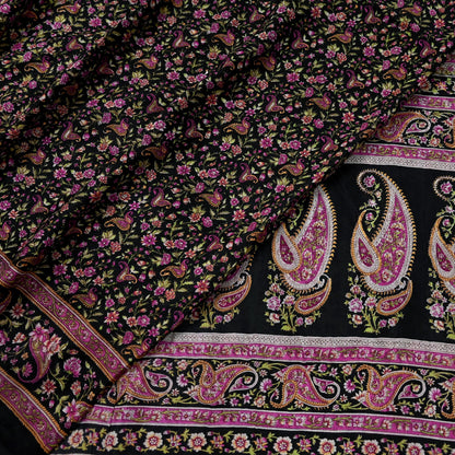 Indian Vintage Black Saree Printed Pure Cotton Sari Craft Fabric 5Yd Sewing Sarong Wrap Boho Floral Quilting Crafting Dress Making