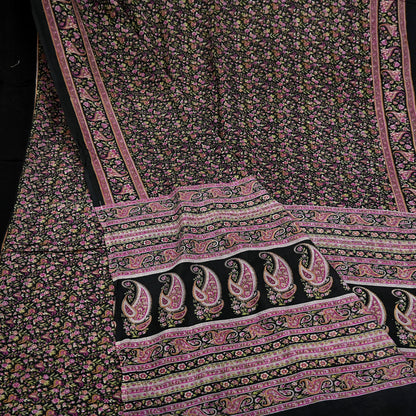 Indian Vintage Black Saree Printed Pure Cotton Sari Craft Fabric 5Yd Sewing Sarong Wrap Boho Floral Quilting Crafting Dress Making