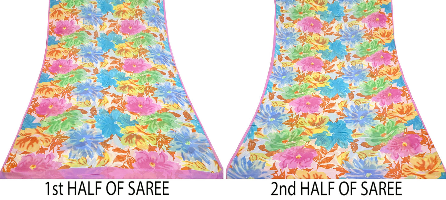 Women Vintage Sari Multi Pure Georgette Silk Printed Saree Craft Fabric Sewing 6Yard Soft Light Dress Making Floral Dress making Crafting