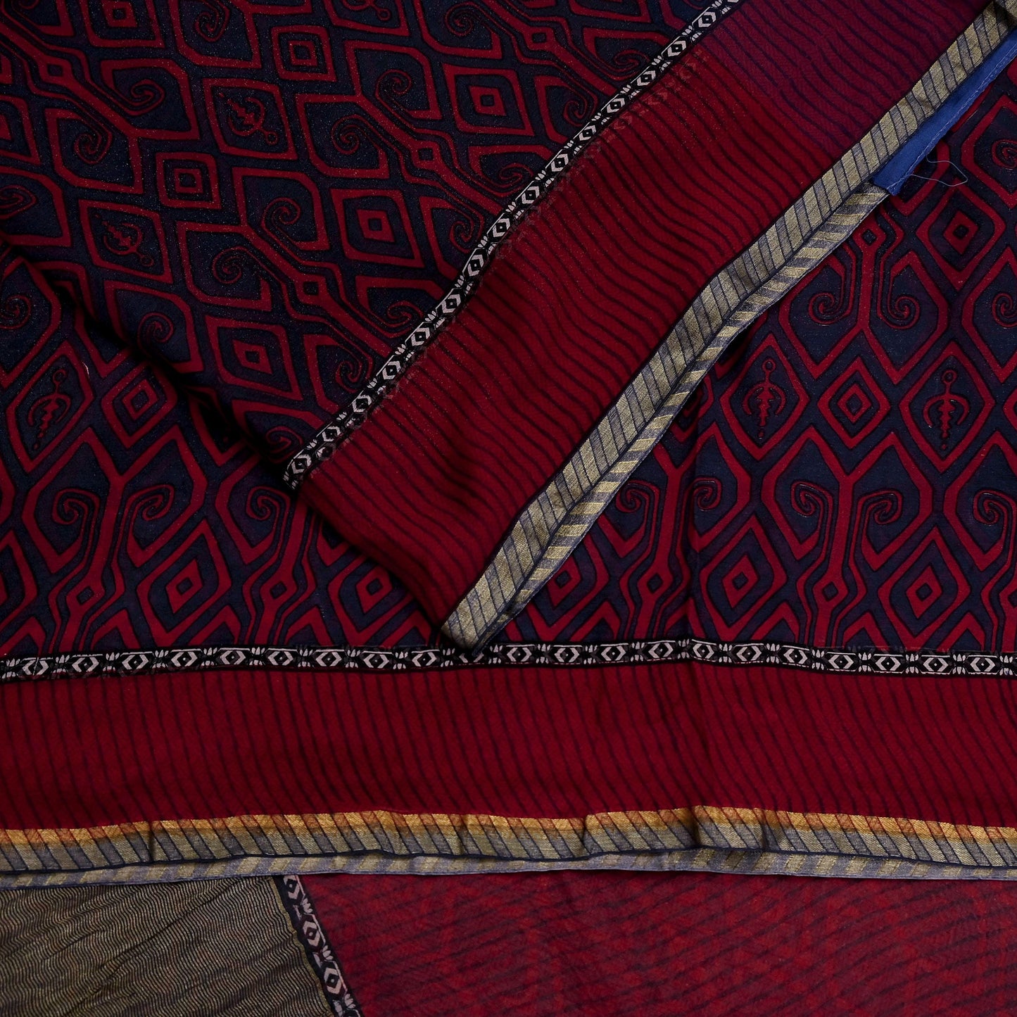 Women Vintage Sari Red & Gray Pure Georgette Silk Printed Saree Craft Fabric Sewing 5Yd Soft Light Dress Making Floral Crafting Quilting