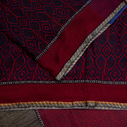 Women Vintage Sari Red & Gray Pure Georgette Silk Printed Saree Craft Fabric Sewing 5Yd Soft Light Dress Making Floral Crafting Quilting