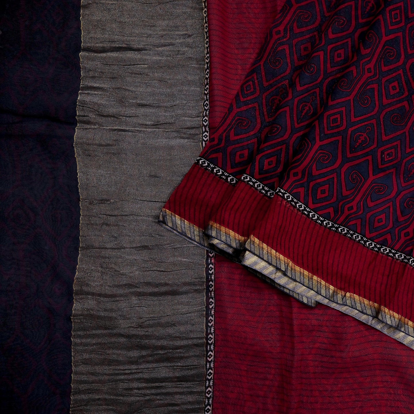 Women Vintage Sari Red & Gray Pure Georgette Silk Printed Saree Craft Fabric Sewing 5Yd Soft Light Dress Making Floral Crafting Quilting