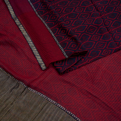 Women Vintage Sari Red & Gray Pure Georgette Silk Printed Saree Craft Fabric Sewing 5Yd Soft Light Dress Making Floral Crafting Quilting