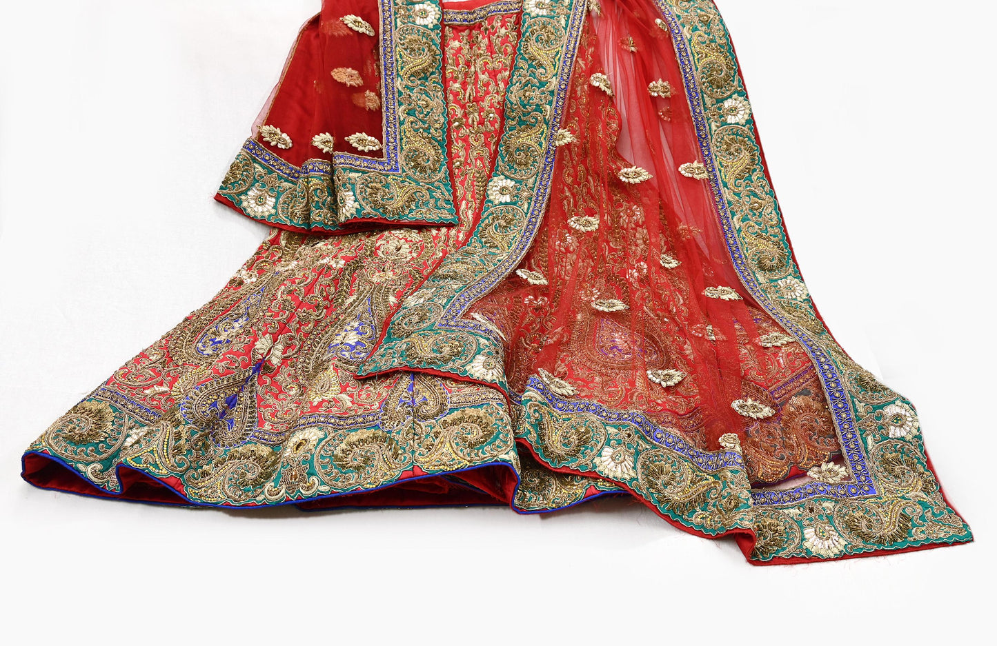 Indian Heavy Red Colored Raw Silk/Net Hand Embroidered Lehenga 2pcs Set By Designer Sabyasachi Bridal Wear