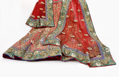 Indian Heavy Red Colored Raw Silk/Net Hand Embroidered Lehenga 2pcs Set By Designer Sabyasachi Bridal Wear
