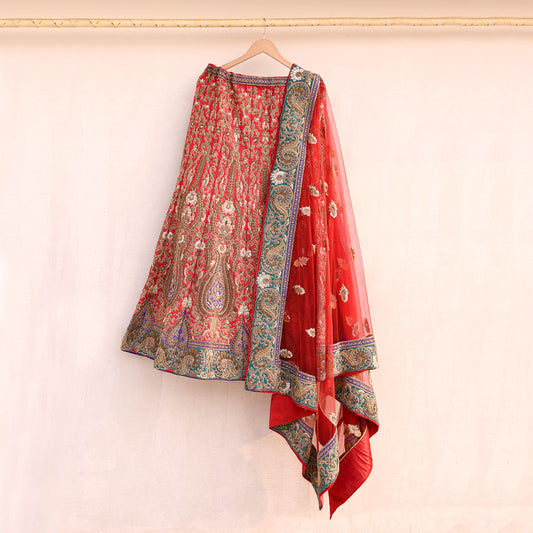 Indian Heavy Red Colored Raw Silk/Net Hand Embroidered Lehenga 2pcs Set By Designer Sabyasachi Bridal Wear