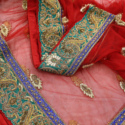 Indian Heavy Red Colored Raw Silk/Net Hand Embroidered Lehenga 2pcs Set By Designer Sabyasachi Bridal Wear