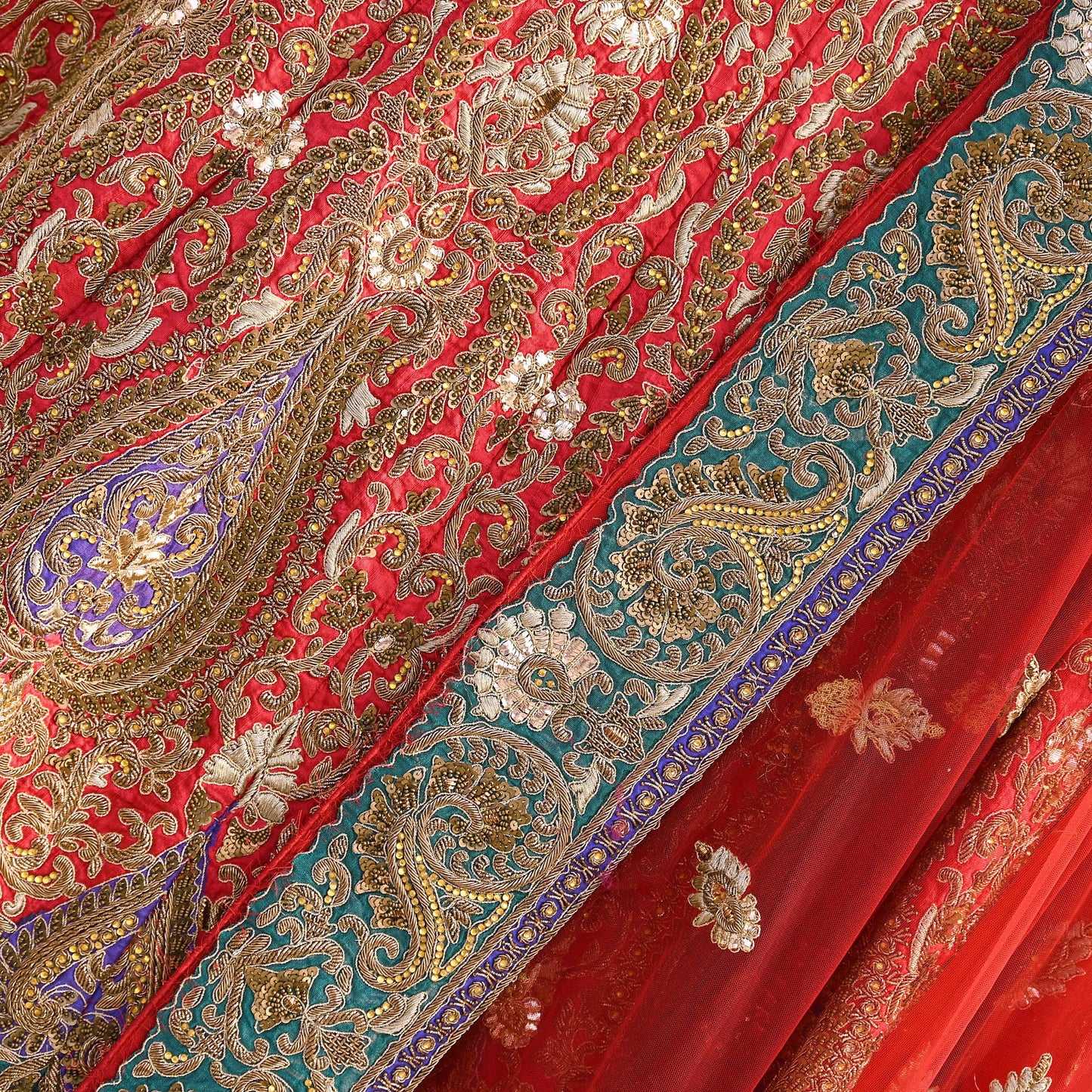 Indian Heavy Red Colored Raw Silk/Net Hand Embroidered Lehenga 2pcs Set By Designer Sabyasachi Bridal Wear