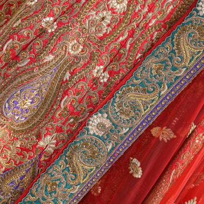 Indian Heavy Red Colored Raw Silk/Net Hand Embroidered Lehenga 2pcs Set By Designer Sabyasachi Bridal Wear