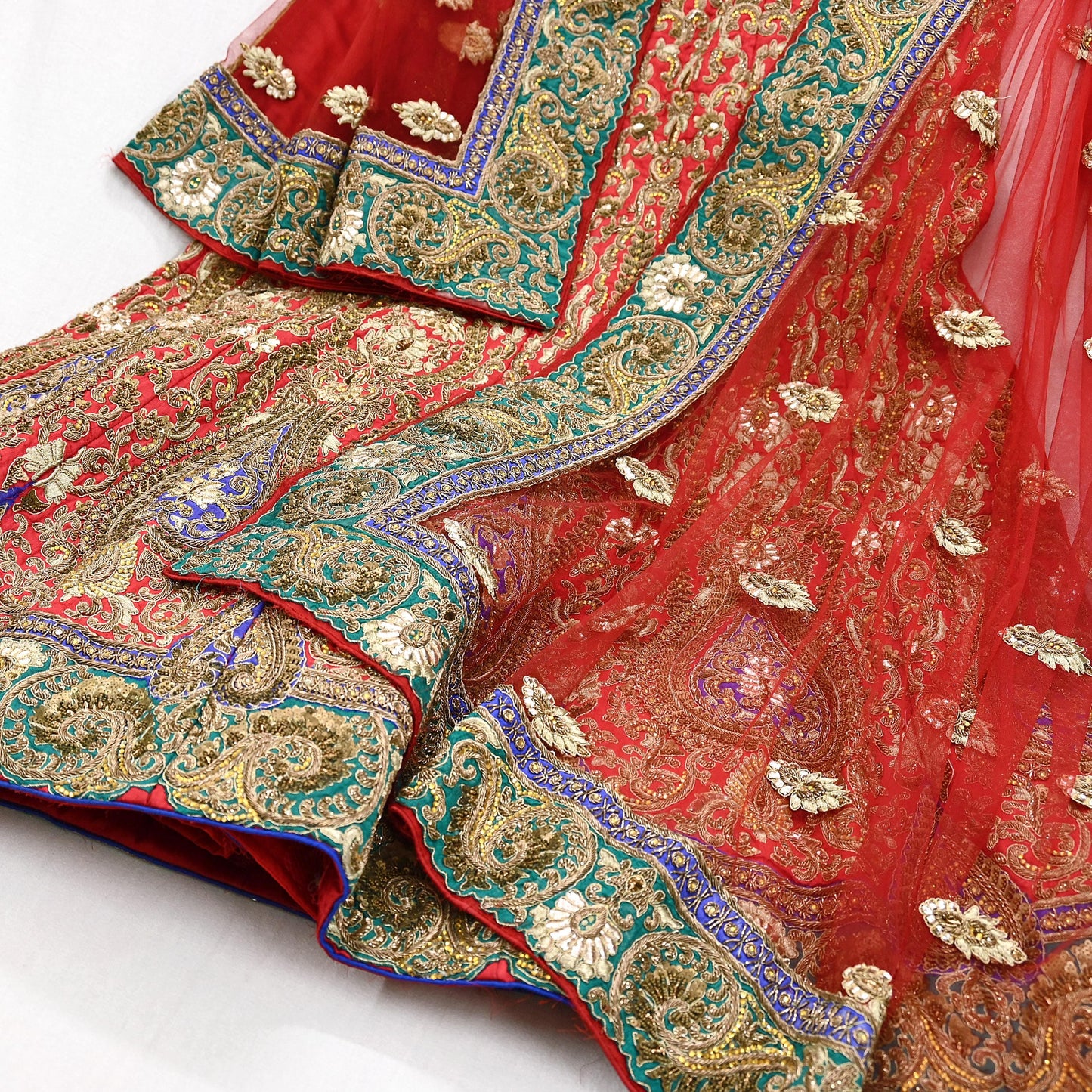 Indian Heavy Red Colored Raw Silk/Net Hand Embroidered Lehenga 2pcs Set By Designer Sabyasachi Bridal Wear