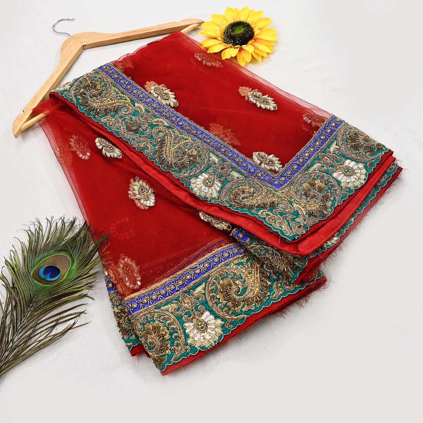 Indian Heavy Wedding Dupatta Red Net Long Stole Hand Embroidered By Designer Sabyasachi Scarves Zardozi Bridal Veil