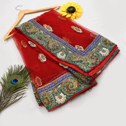 Indian Heavy Wedding Dupatta Red Net Long Stole Hand Embroidered By Designer Sabyasachi Scarves Zardozi Bridal Veil