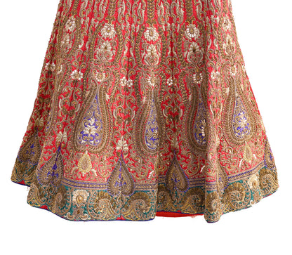 Indian Vintage Heavy Red Pure chanderi Silk Hand Embroidered semi stitched Lehenga/Skirt By Designer Sabyasachi Bridal Wear Dabka/ Zardozi