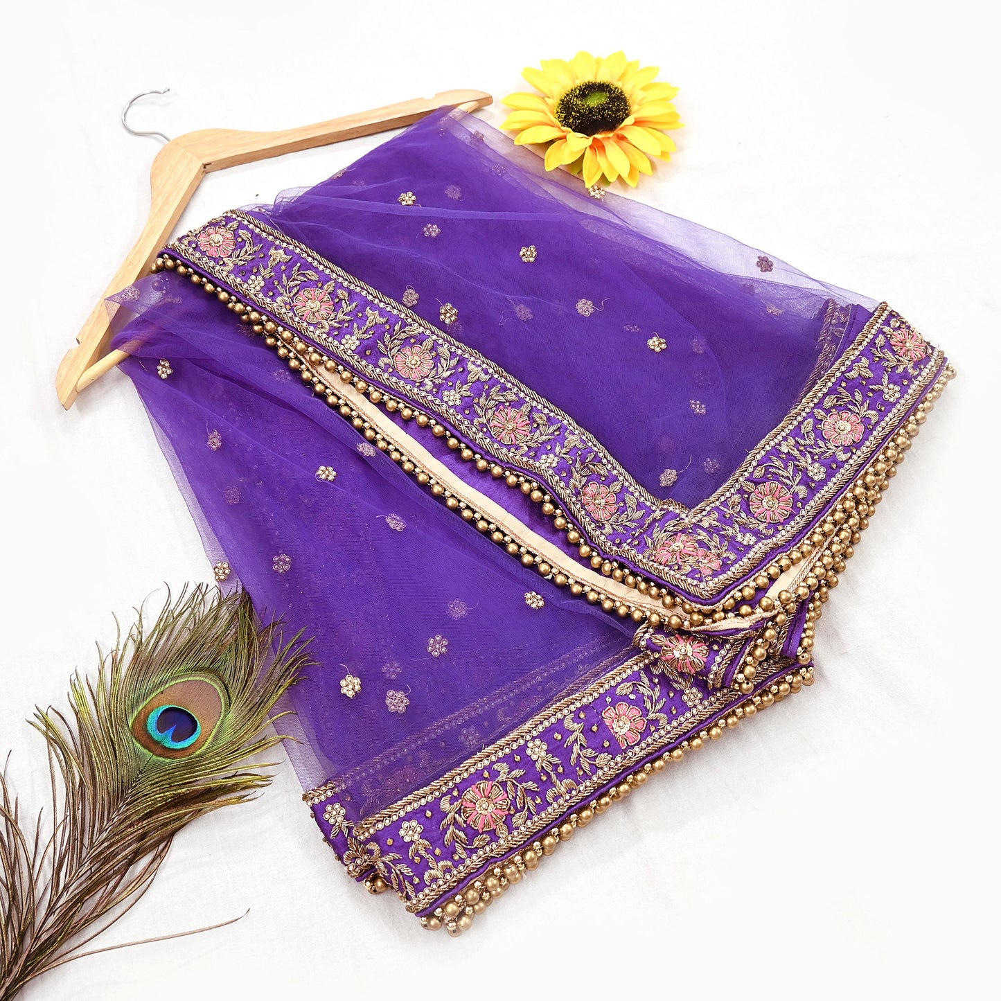 Indian Vintage Heavy Purple Dupatta Net Mesh Long Stole Hand Embroidered Scarves Golden Zardozi Dabka Zari Stole Bridal/ Wedding veil