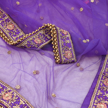 Indian Vintage Heavy Purple Dupatta Net Mesh Long Stole Hand Embroidered Scarves Golden Zardozi Dabka Zari Stole Bridal/ Wedding veil