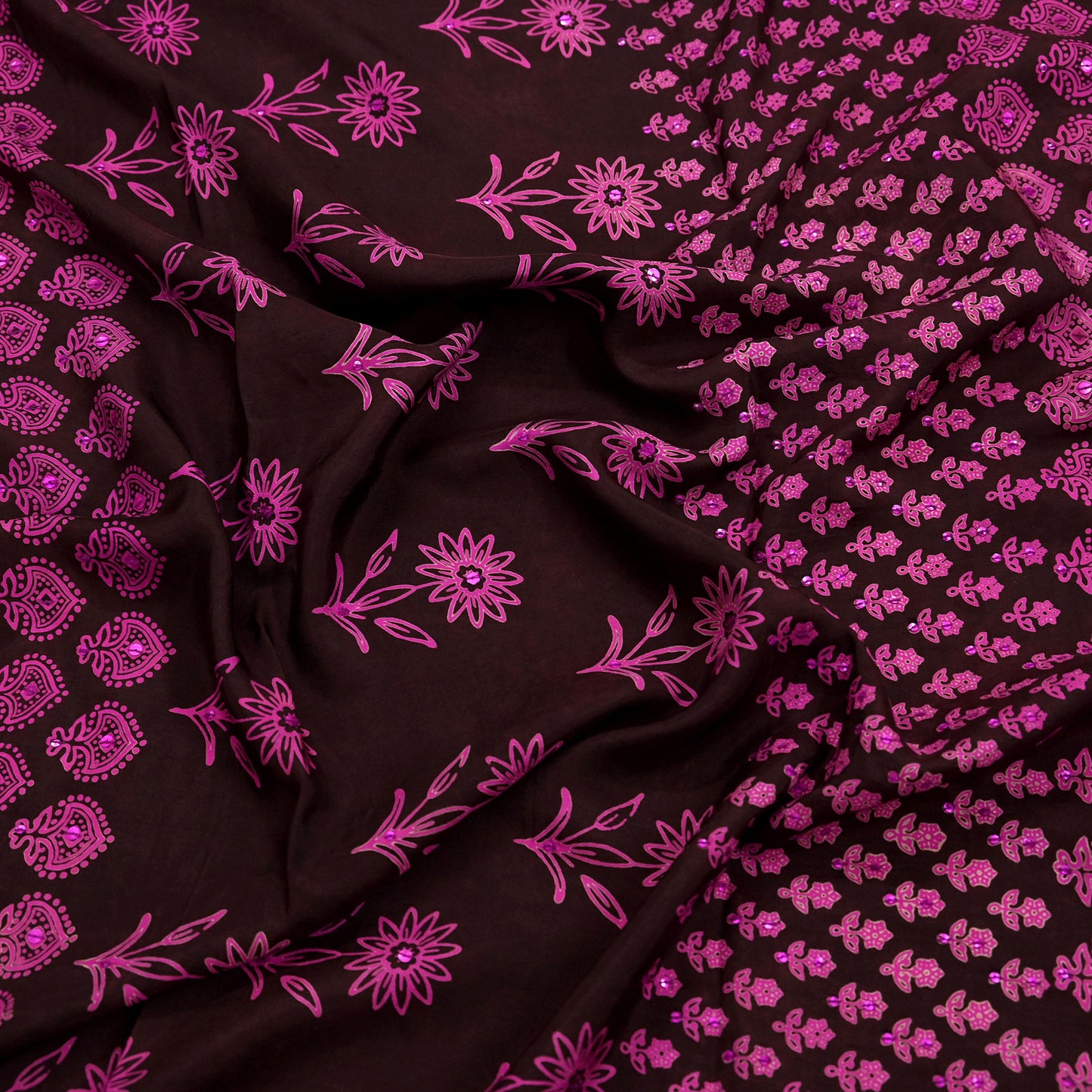 Indian Vintage Brown Dupatta Long Stole Hand Block Print Pure Silk Scarves Veil Hijab