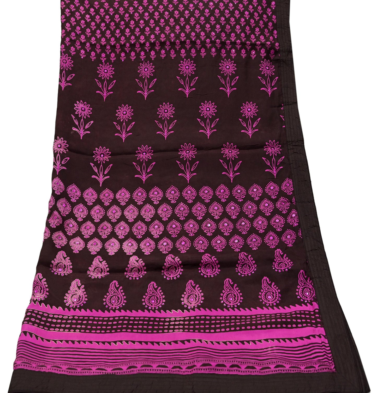 Indian Vintage Brown Dupatta Long Stole Hand Block Print Pure Silk Scarves Veil Hijab