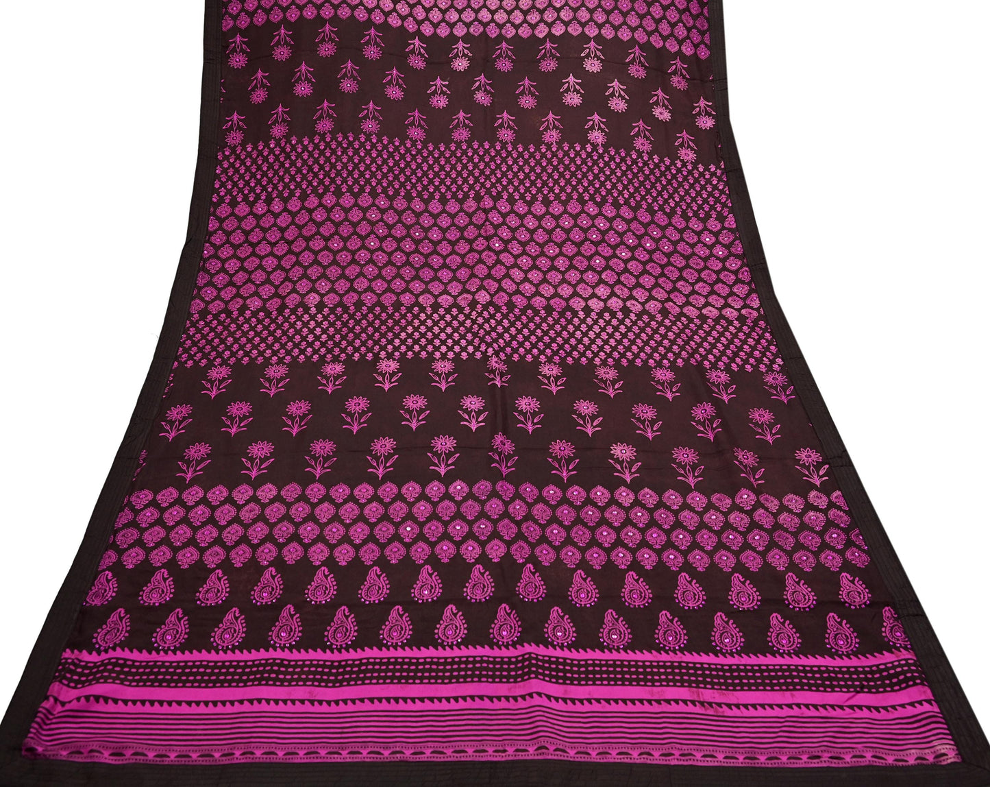 Indian Vintage Brown Dupatta Long Stole Hand Block Print Pure Silk Scarves Veil Hijab