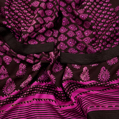 Indian Vintage Brown Dupatta Long Stole Hand Block Print Pure Silk Scarves Veil Hijab