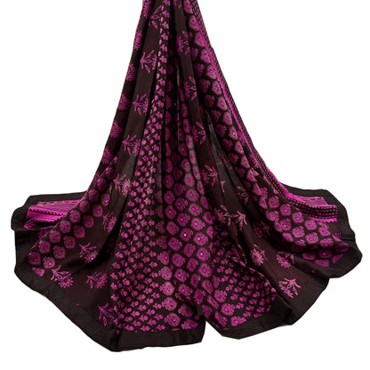 Indian Vintage Brown Dupatta Long Stole Hand Block Print Pure Silk Scarves Veil Hijab