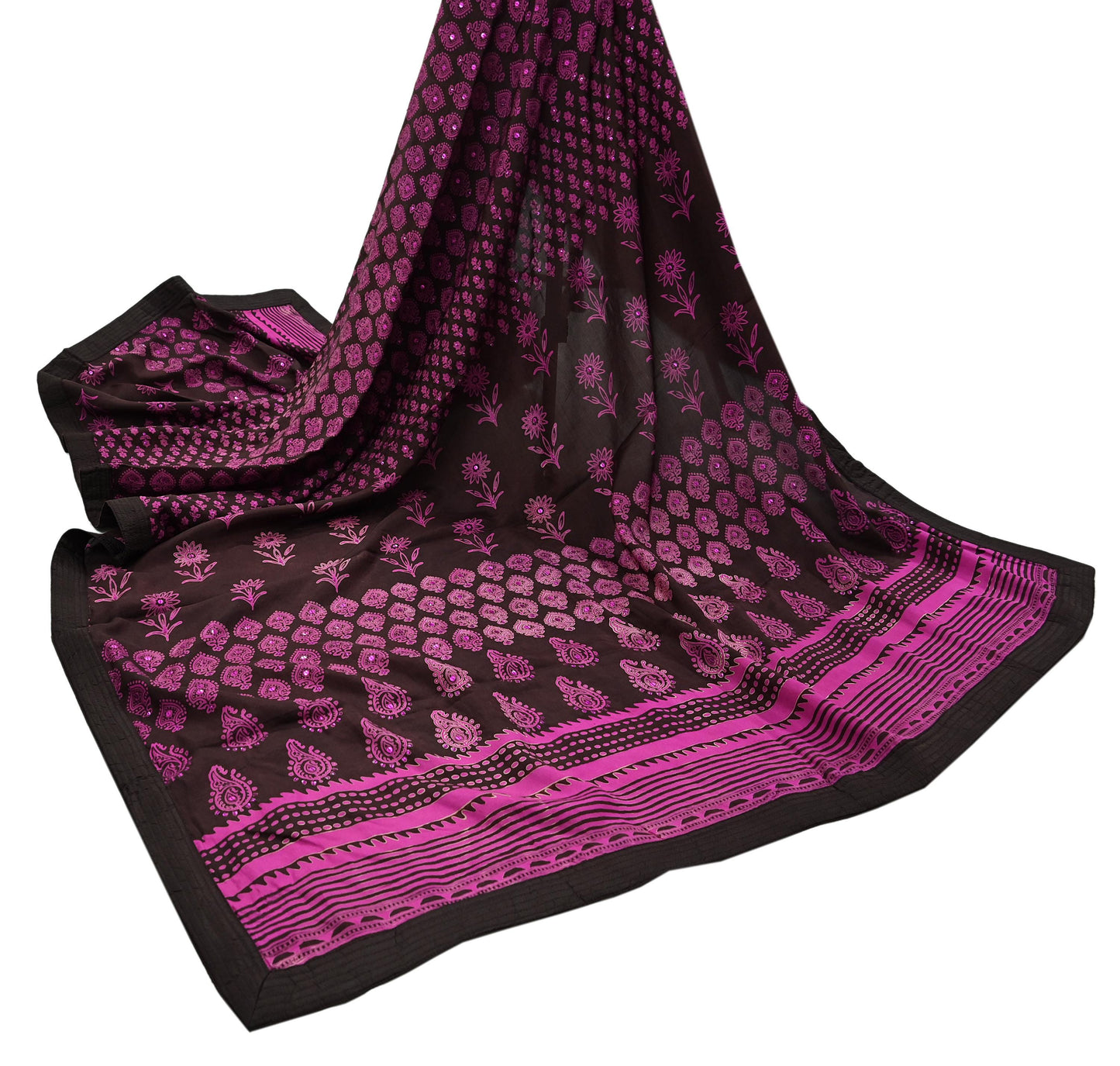Indian Vintage Brown Dupatta Long Stole Hand Block Print Pure Silk Scarves Veil Hijab