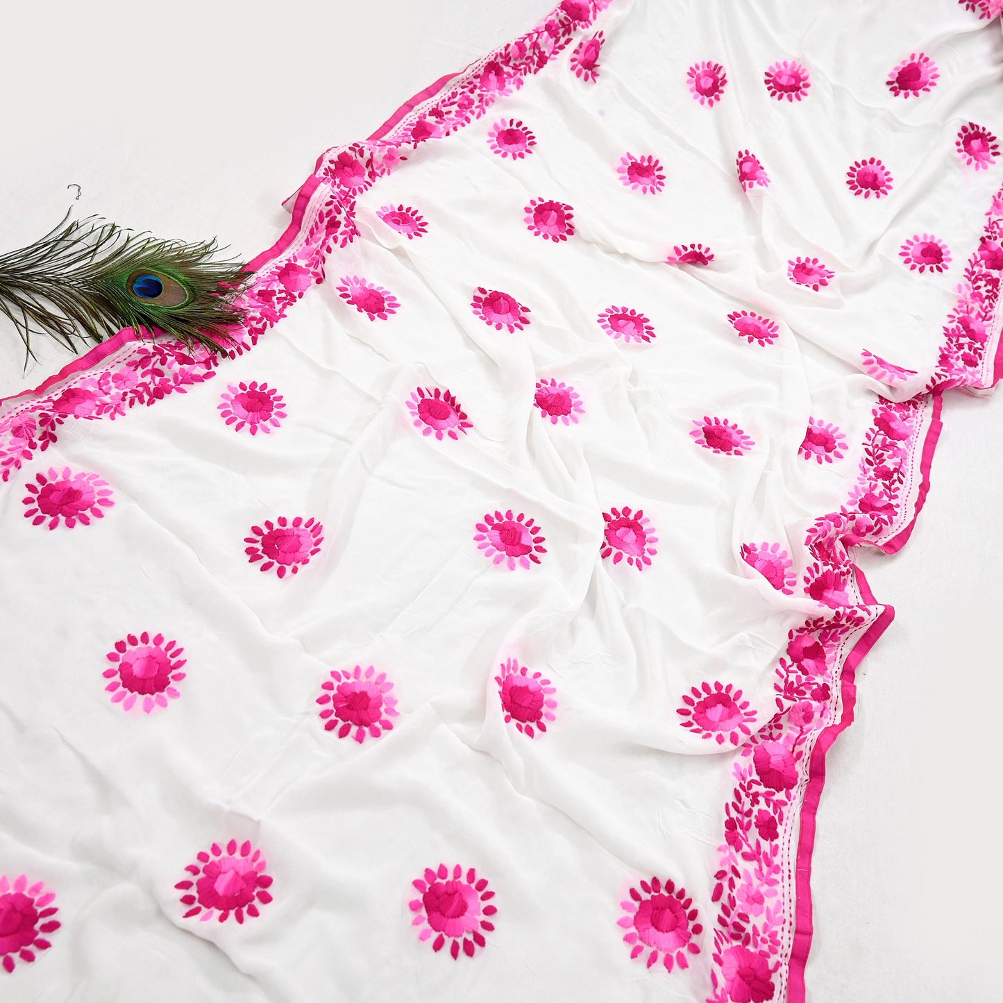 Indian Vintage Dupatta White Long Stole Blend Georgette Hand Embroidered Phulkari Stole Scarves Party wear