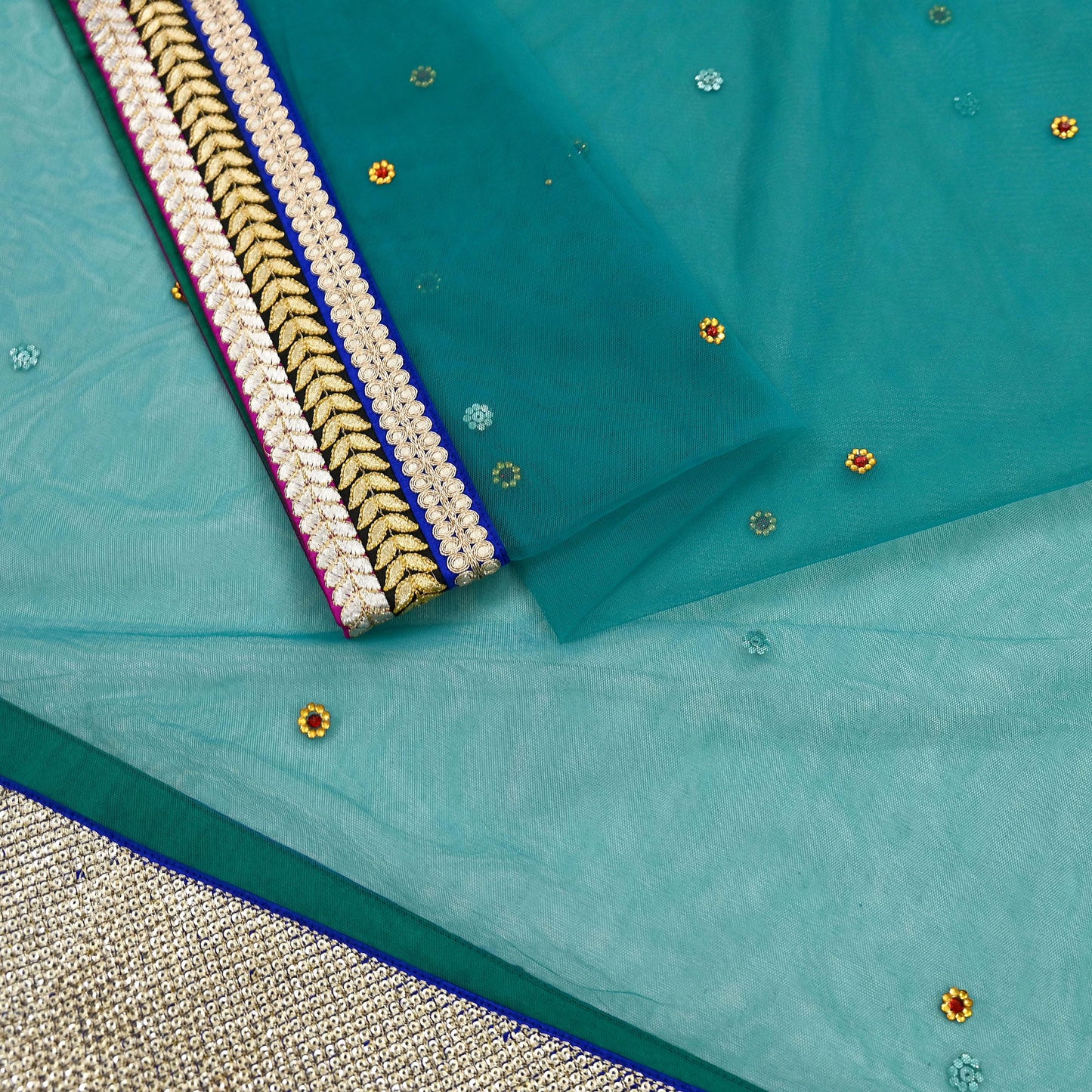 Indian Vintage Green Dupatta Net Mesh Long Stole Hand Embroidered Scarves Zari Sequins Stole
