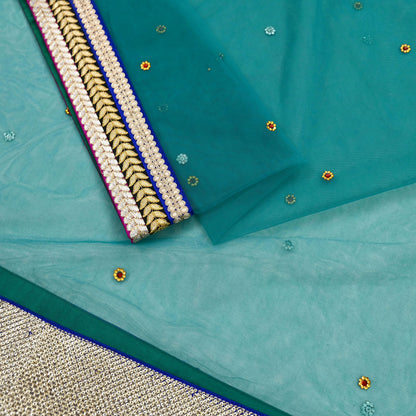 Indian Vintage Green Dupatta Net Mesh Long Stole Hand Embroidered Scarves Zari Sequins Stole