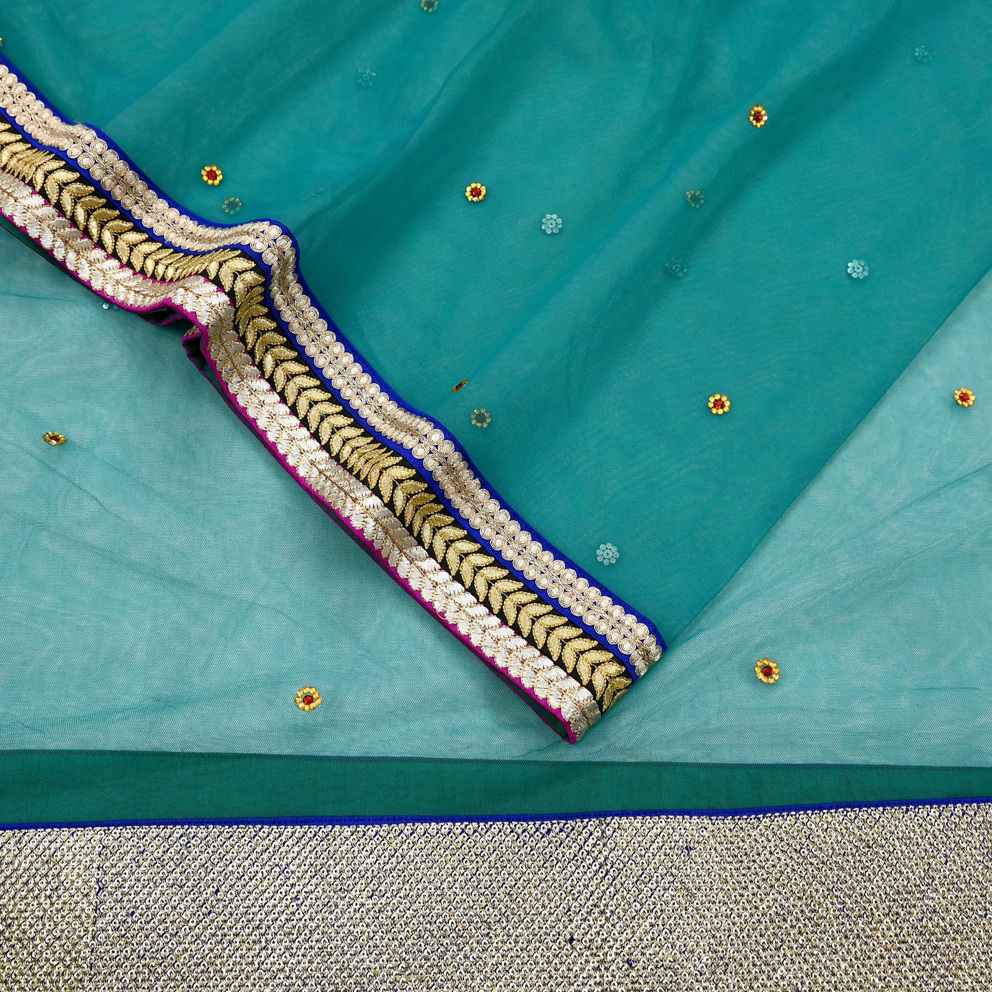 Indian Vintage Green Dupatta Net Mesh Long Stole Hand Embroidered Scarves Zari Sequins Stole