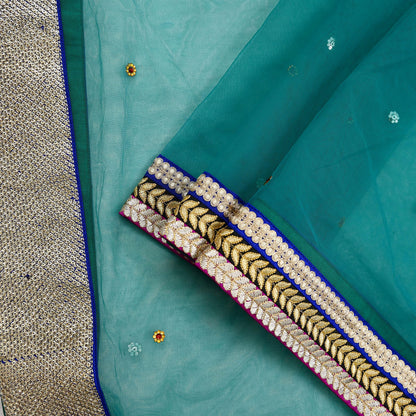 Indian Vintage Green Dupatta Net Mesh Long Stole Hand Embroidered Scarves Zari Sequins Stole