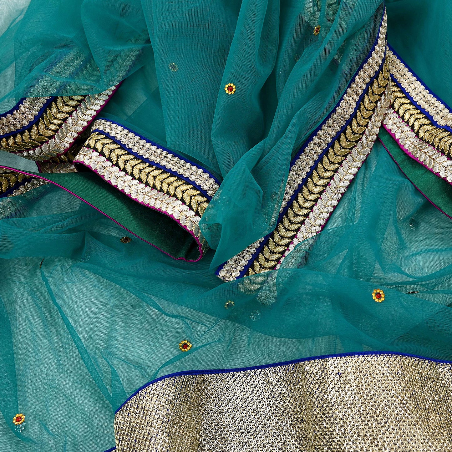 Indian Vintage Green Dupatta Net Mesh Long Stole Hand Embroidered Scarves Zari Sequins Stole
