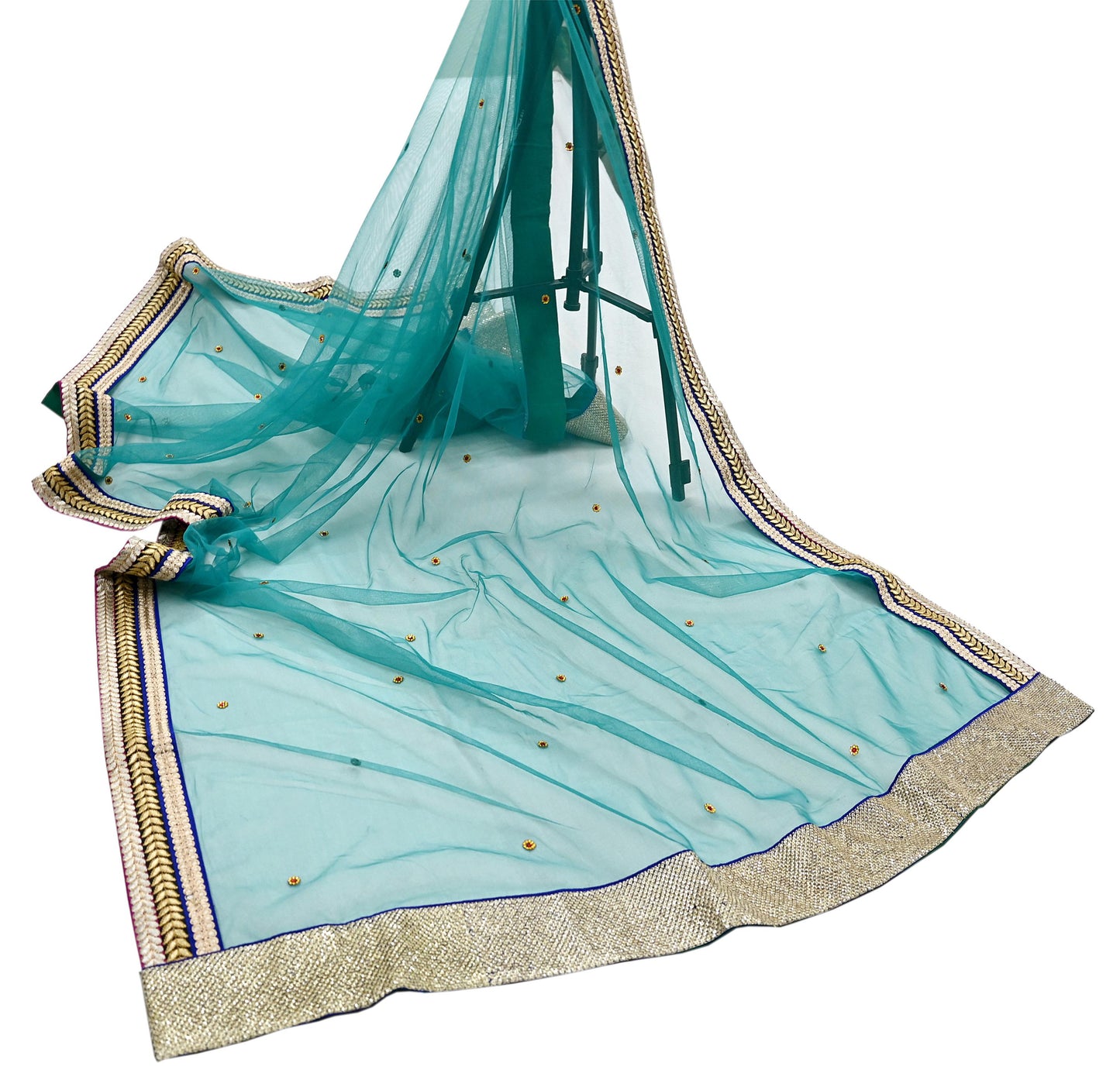 Indian Vintage Green Dupatta Net Mesh Long Stole Hand Embroidered Scarves Zari Sequins Stole