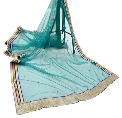 Indian Vintage Green Dupatta Net Mesh Long Stole Hand Embroidered Scarves Zari Sequins Stole