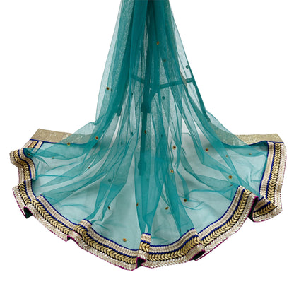 Indian Vintage Green Dupatta Net Mesh Long Stole Hand Embroidered Scarves Zari Sequins Stole