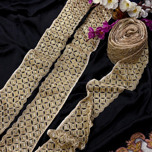 Indian Vintage Golden Sari Border Hand Embroidered Craft Trim Lace Sewing Pure Georgette Silk Ribbon Recycled Sari Border Dress making