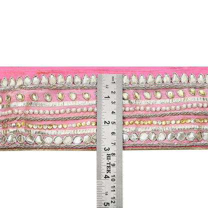 Indian Vintage Pink Sari Border Hand Embroidered Gota Patti Craft Trim Lace Sewing Sari Ribbon Pure silk  Zardozi/Dabka Zari