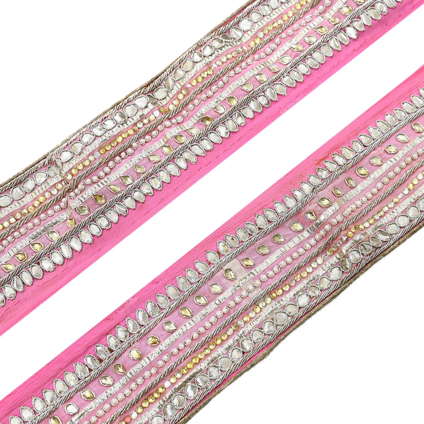 Indian Vintage Pink Sari Border Hand Embroidered Gota Patti Craft Trim Lace Sewing Sari Ribbon Pure silk  Zardozi/Dabka Zari