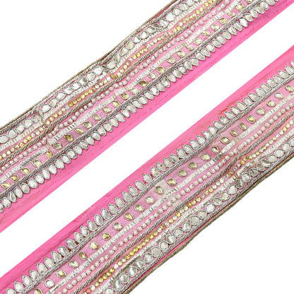 Indian Vintage Pink Sari Border Hand Embroidered Gota Patti Craft Trim Lace Sewing Sari Ribbon Pure silk  Zardozi/Dabka Zari