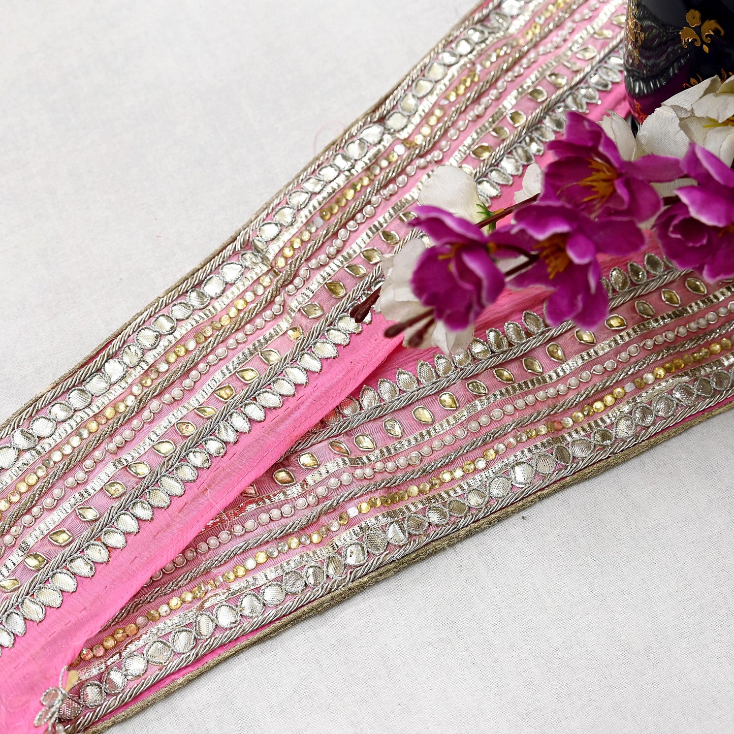 Indian Vintage Pink Sari Border Hand Embroidered Gota Patti Craft Trim Lace Sewing Sari Ribbon Pure silk  Zardozi/Dabka Zari