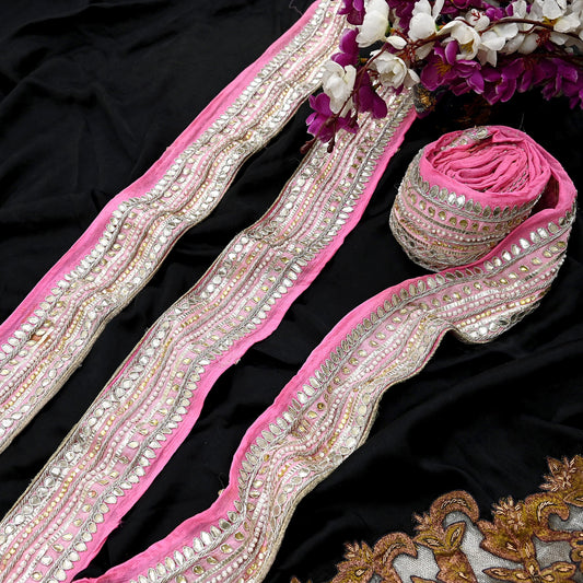 Indian Vintage Pink Sari Border Hand Embroidered Gota Patti Craft Trim Lace Sewing Sari Ribbon Pure silk  Zardozi/Dabka Zari
