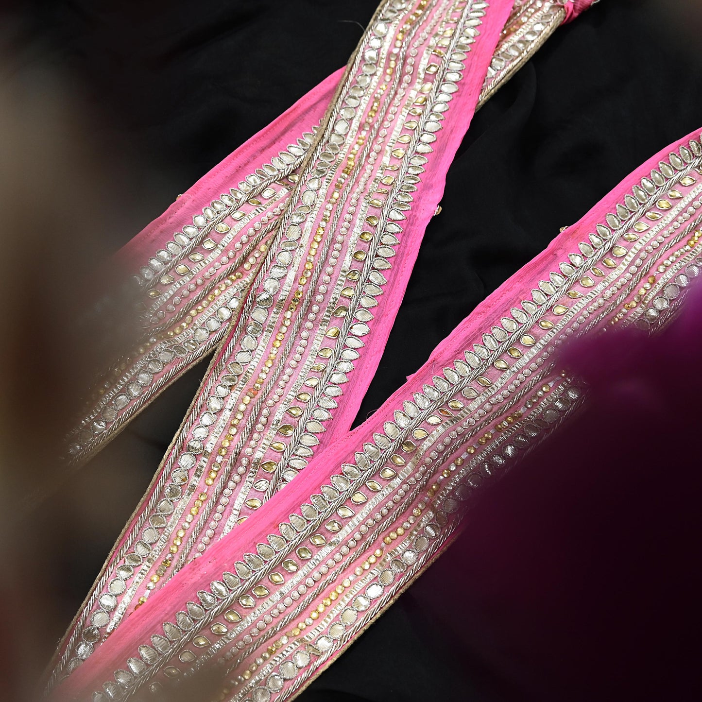 Indian Vintage Pink Sari Border Hand Embroidered Gota Patti Craft Trim Lace Sewing Sari Ribbon Pure silk  Zardozi/Dabka Zari