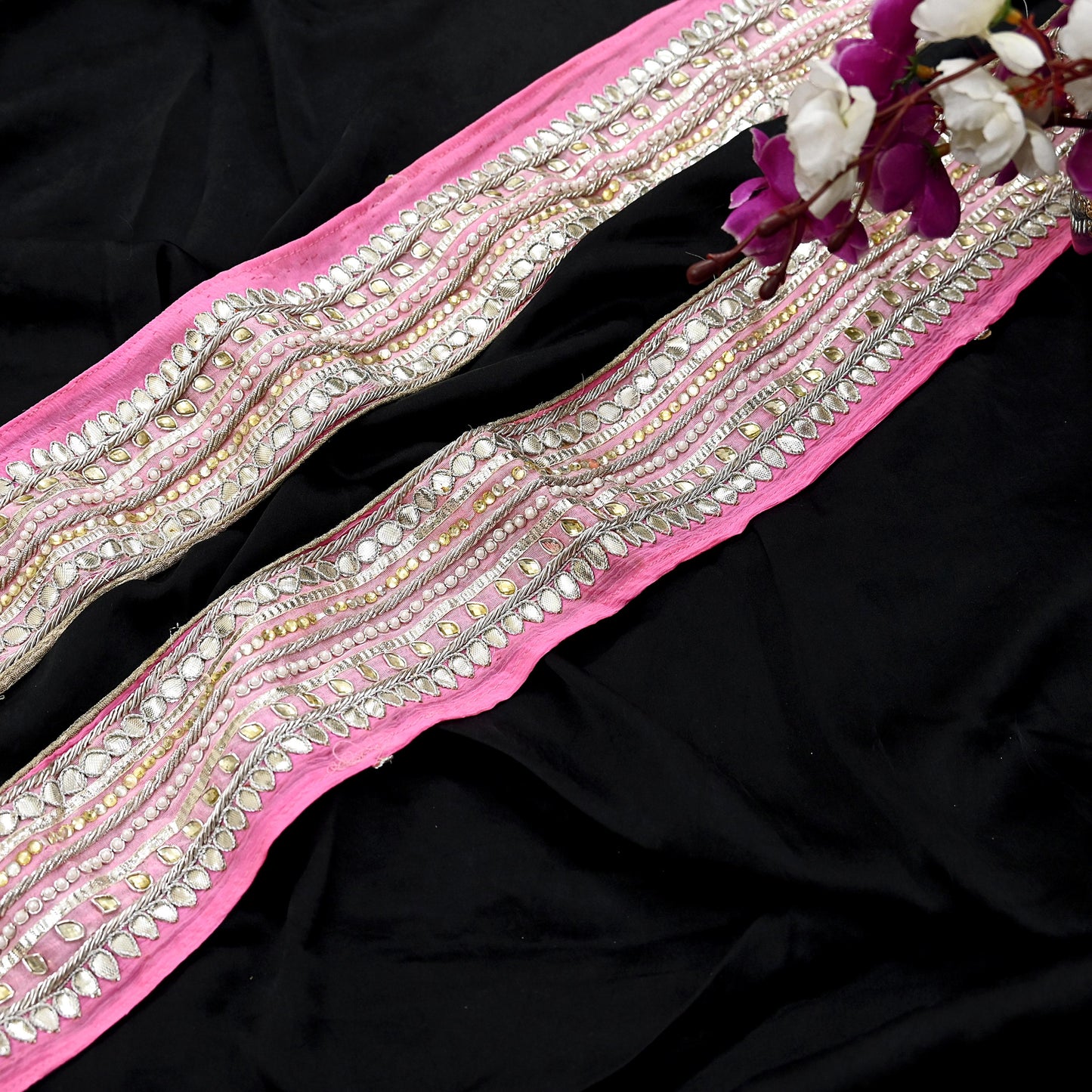 Indian Vintage Pink Sari Border Hand Embroidered Gota Patti Craft Trim Lace Sewing Sari Ribbon Pure silk  Zardozi/Dabka Zari